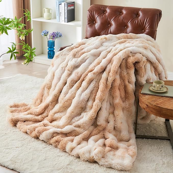 RYNGHIPY Faux Rabbit Fur Bed Throws Fluffy Warm Throw Blanket for Sofa Couch Soft Plush Decorative Blanket Thick and Heavy Cute Bubble Furry Blanket (Light Tan, 63''x79'')