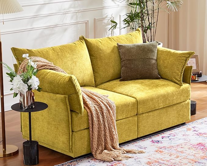Oversized Loveseat Sofa, Modern Modular Sectional Couch Yellow Fluffy Chenille Mid Century 2-Seat 24.5" Deep Seat for Apartment, Living Room, Bedroom
