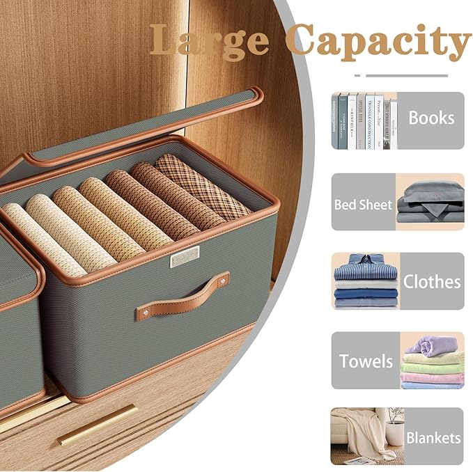 Tuza 2 Pack Storage Bins with Lids, Collapsible Closet Organizer Container, Fabric Organizer Box with Handles, Decorative Storage Boxes with Lids for Organizing Clothes, Blanket, Grey, Extra Large
