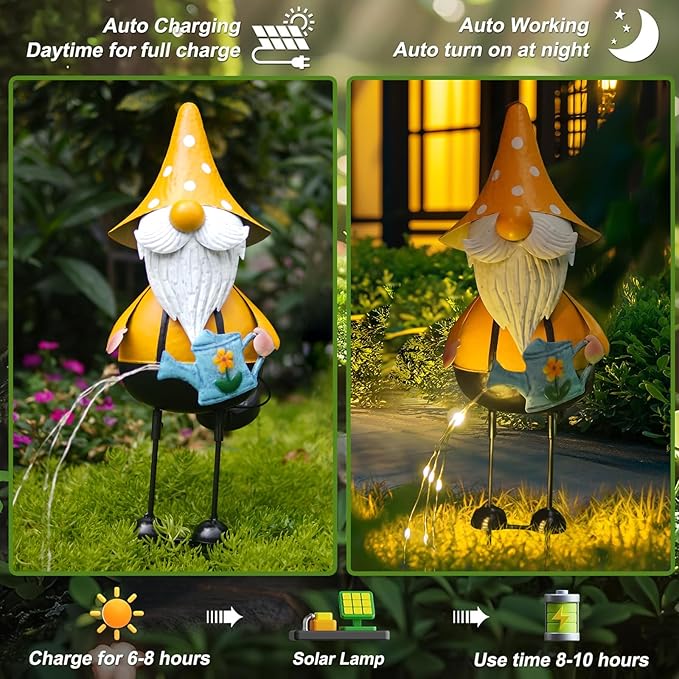 HONGLAND Metal Gnome Yard Art -18 Inch Garden Gnomes Statues Outdoor Decor with Watering Can Solar Lights -3D Outdoor Figurines for Patio Yard Lawn Porch Ornament Gardening Gifts