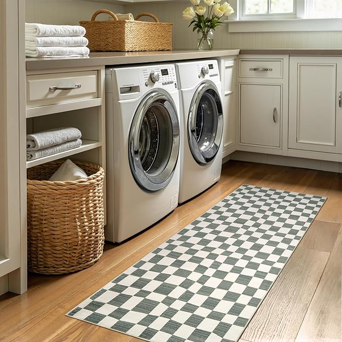 jinchan Runner Rug 2x6 Hallway Washable Modern Checkered Geometric Lattice Kids Bedroom Rug Indoor Floor Cover Non Slip Soft Carpet for Nursery Room Kitchen Laundry Room Home Grey