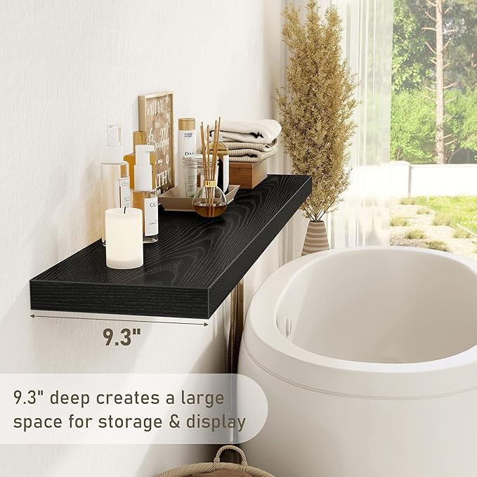 Fun Memories 72 Inch Floating Shelves for Wall 2 Pack Shelves for Bedroom|Kitchen|Bathroom 72 x 9.3 Inch Wood Floating Shelf with Invisible Brackets for Books|Storage|Decor, Black