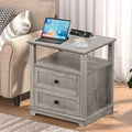 HIFYOBRO End Table with 2 Drawers and Charging Station, Type-C & USB Port & Power outlets, Wooden Storage Cabinet, Large Side Table with Storage for Living Room and Bedroom