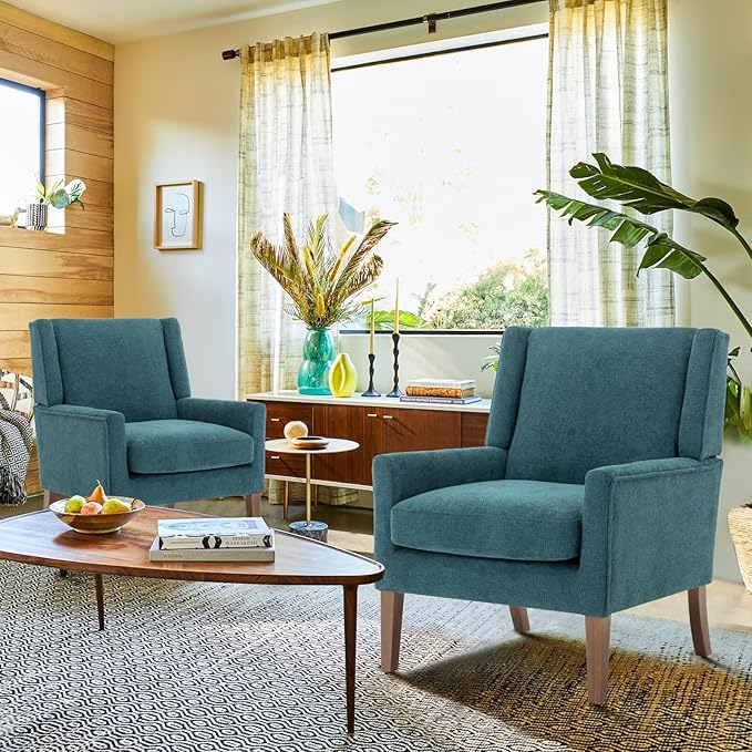 COLAMY Modern Wingback Living Room Chair, Upholstered Fabric Accent Armchair, Single Sofa Chair with Lounge Seat and Wood Legs for Bedroom/Office/Reading Spaces, Teal