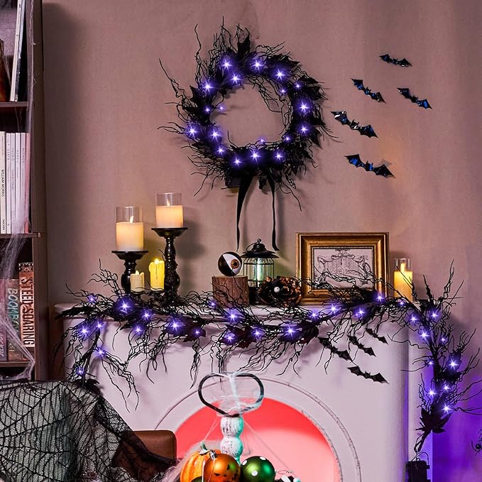 JORNOY 16inch LED Halloween Wreath with Battery Timer - Black Artificial Leaves&Silk Ribbon Decor Hanging for Front Door, Mantel, Porch, Wall, Party Decorations