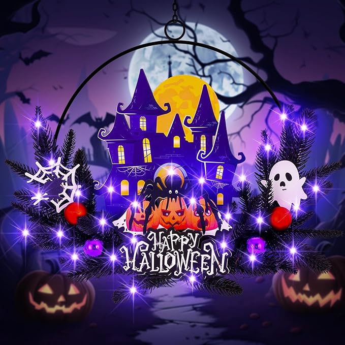 Lighted Halloween Wreaths for Front Door, Welcome Metal Wooden Door Wreath Decor Hanging Sign, 30 LED Lighted Wall Decor Battery Operated for Halloween Indoor Outdoor (Spider)