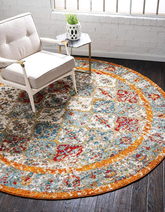 Unique Loom Rosso Collection Vintage, Traditional, Bohemian, Geometric, Distressed, Southwestern Area Rug, 8' 0" x 8' 0", Beige/Orange