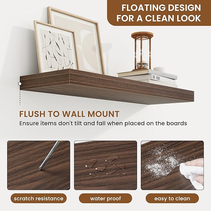 fuqing Floating Shelves for Wall, Bathroom Shelf Wall Mounted for Storage, Shelves with Invisible Bracket for Bedroom, Kitchen, Living Room, Farmhouse Small Book Shelf, 24 Inch Set of 2, Walnut