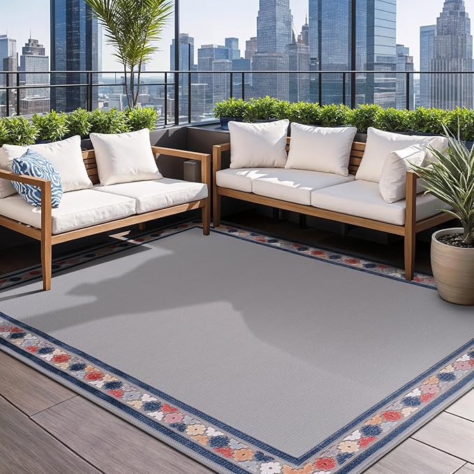 Beverly Rug Outdoor Rug 8x10 Modern Bordered Area Rugs for Indoor and Outdoor Patio Easy to Clean Non Shedding Living Room Porch Garden Washable Outside Carpet (8 x 10 Gray)
