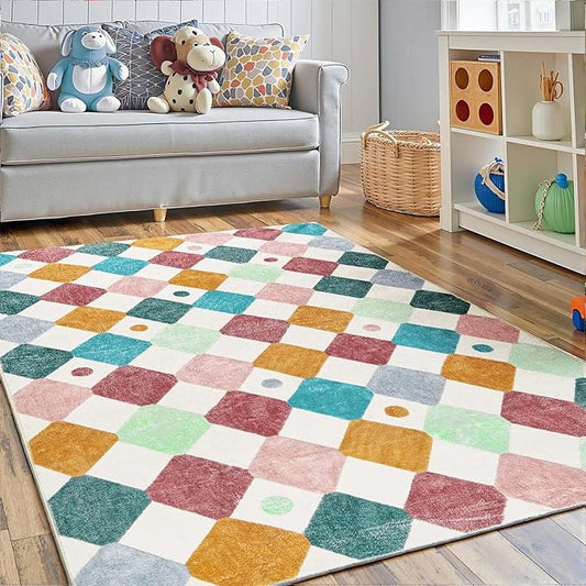 jinchan Area Rug 4x6 Kids Washable Indoor Floor Cover Non-Slip Modern Soft Rug Elementary School Classroom Colorful Diamond Carpet for Nursery Playroom Daycare Bedroom Living Room Confetti on Cream