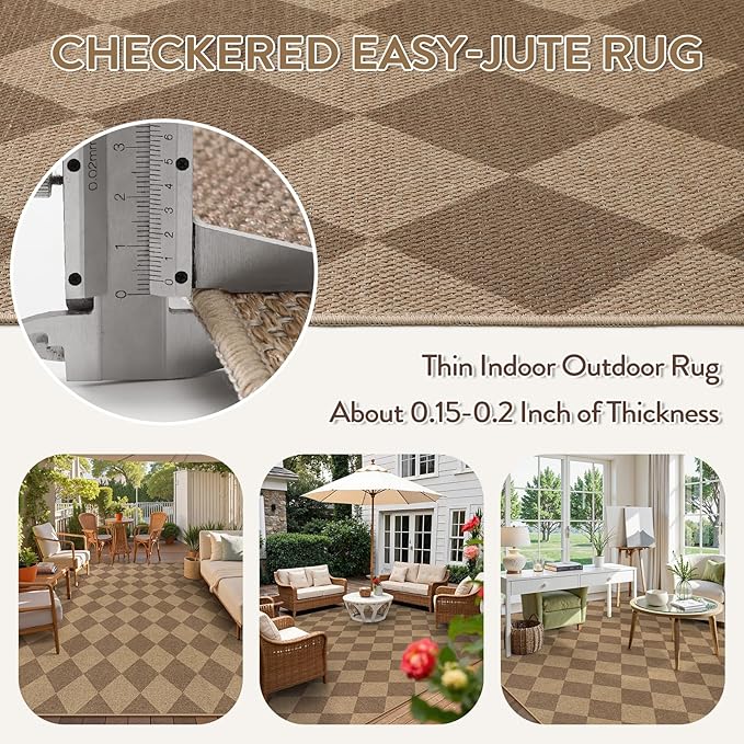 Lahome Checkered Easy Jute Rug 8x10, Washable Rugs for Living Room Dining Room Farmhouse Indoor Outdoor Mat, Neutral Checkerboard Non Slip Black Carpet for Office Backyard Patio