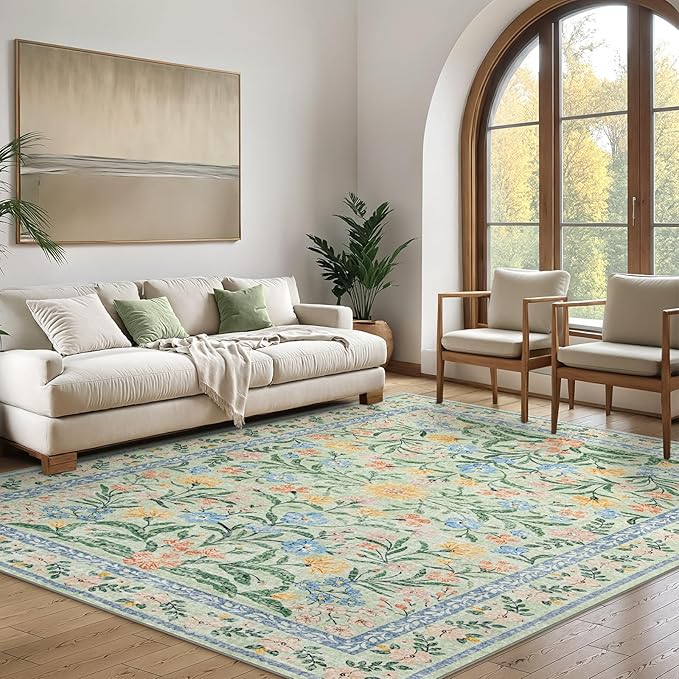 Wonnitar Machine Washable Area Rugs 9x12, Soft Sage Green Floral Rug for Living Room Bedroom, Ultra-Thin Large Foldable Boho Carpets for Playroom Classroom Dining Room