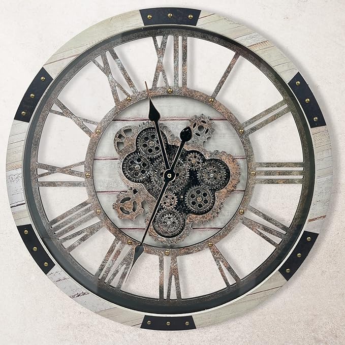 DORBOKER 30" Large Wall Clock Moving Gears,Oversized Industrial Rustic Farmhouse Clocks for Living Room Decor Office Home, Solid Wood Retro Metal HD Tempered Glass Cover,Desert Beige