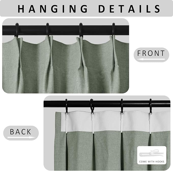 Macochico Extra Wide Full Blackout Linen Curtains for Sliding Door Fog Green Pinch Pleated Linen Curtains 96 Inches Long for Bedroom Living Room Farmhouse with Tieback 120”Wx96”L 1 Panel