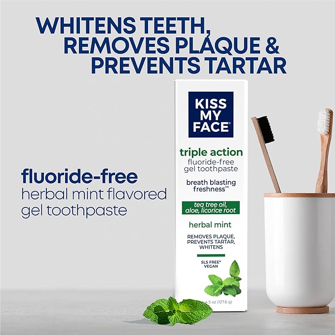 Kiss My Face Triple Action Toothpaste Gel, Herbal Mint Flavor, Removes Plaque, Whitens Teeth, Prevents Tartar, with Tea Tree Oil and Aloe, Fluoride Free, Vegan, 4.5 oz, 6 Pack