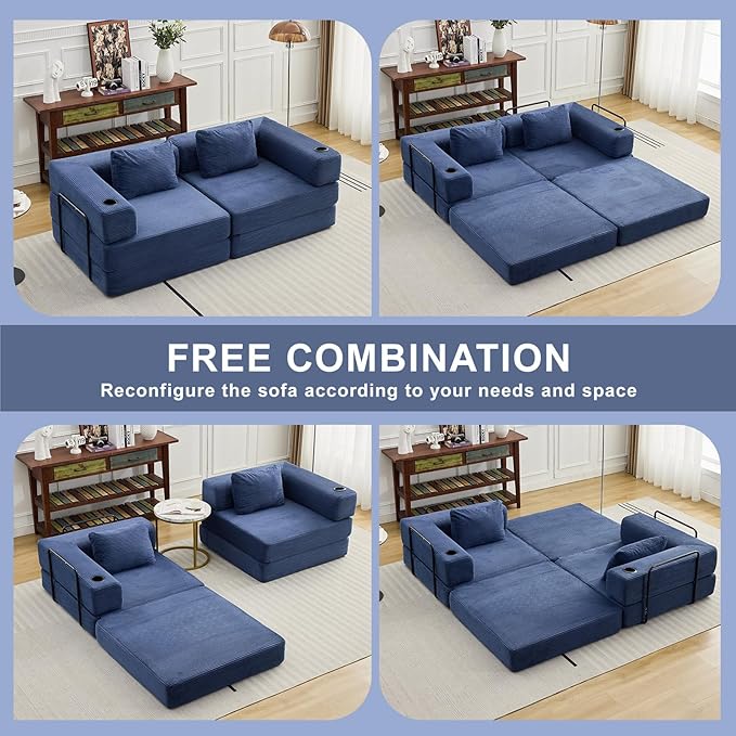 78" W Loveseat Sofa, 4 in 1 Convertible Floor Sofa Bed, Boneless Cloud Couch with Cup Holder, Fold Out Floor Couch, Loveseat Recliner Sleeper for Living Room Bedroom Lounge(Corduroy, White)