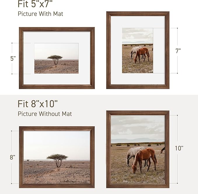 8x10 Picture Frame Set of 4 Natural Solid Walnut Photo Frames with 5x7 Removable Mat Wall Hanging Large Handcrafted Frame with HD Plexiglass Wall and Tabletop Display Large Poster Frame