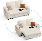 LINSY HOME Loveseat Sofa with Pull Out Couch Chaise: 2-in-1 Convertible 2 Seater Sofa with USB Charging & Cup Holders, Comfy Plush Corduroy Love Seat for Small Spaces Living Room Apartment, Beige