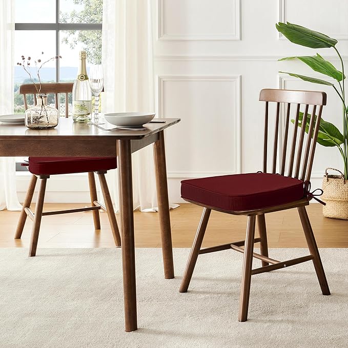 downluxe Chair Cushions for Dining Chairs, Waterproof Kitchen Chair Pads, Non-Slip Dining Seat Cushion with Ties, 17" x 16" x 2.5", Burgundy, 4 Pack