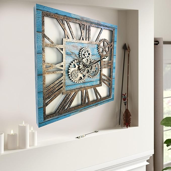 The Gears Clock 24'' Inch Square Real Moving Gear Wall Clock Vintage Industrial Oversized Rustic Farmhouse (Ocean Blue)