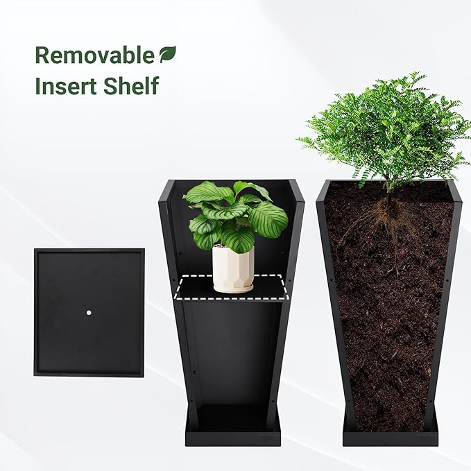 Metal Planter 30" H - 2 Pack, Tall Planters with Removable Insert Shelve & Saucer Trays, Metal Outdoor Planters for Porch, Garden, Patio, Yard (Black)