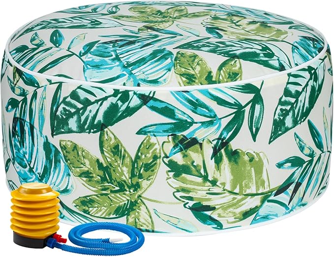 FUNHOME Inflatable Outdoor Ottoman with Air Pump,20"x9" Portable Patio Pouf,Water Resistant,Fade-Resistant,Round Blow Up Footrest Stools for Home Garden Camping Travel(Palm Leaf)