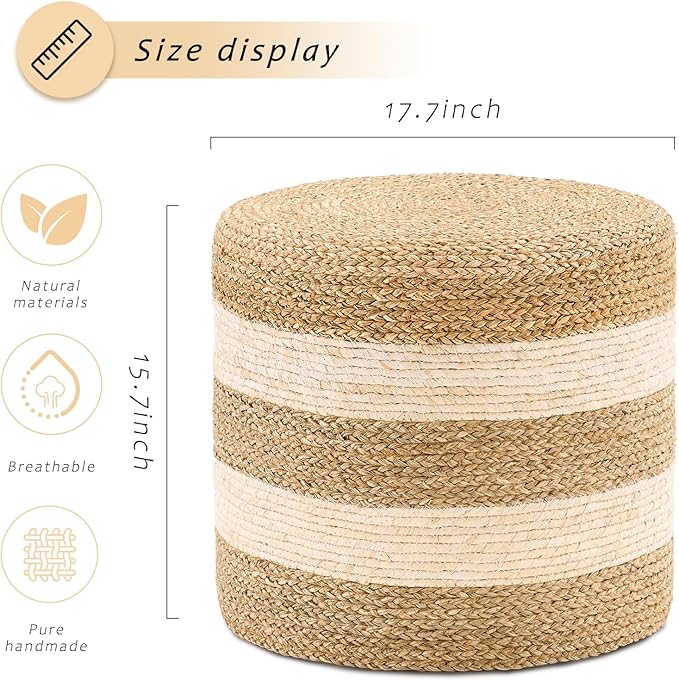 Handwoven Ottoman Pouf, Natural Seagrass Footstool, Round Braided Outdoor Seat with Sturdy Frame, Boho Accent Stool for Patio, Balcony, or Garden (Seagrass White)