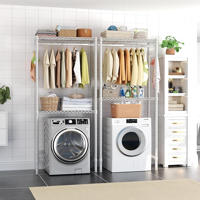 Over Washer and Dryer Shelves,2 Tier Adjustable Height Wire Shelving Laundry Room Storage Organization Clothes Drying Rack with Hanger Rod&Hooks,Space Saving Organizers Shelf,White