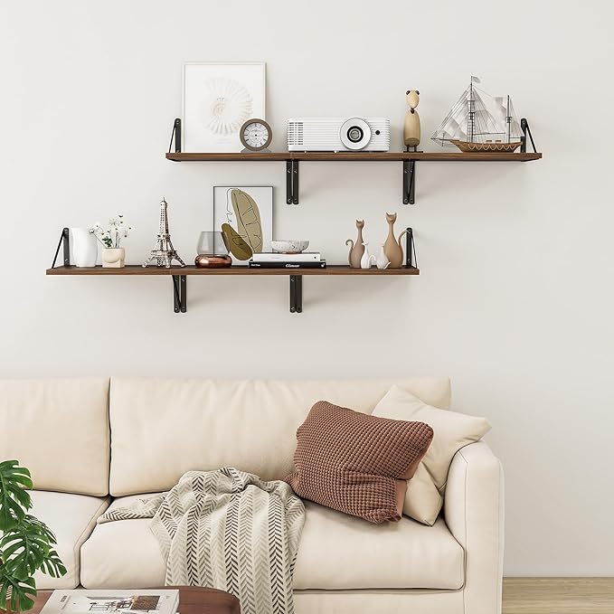 Heimlove Deep Floating Shelves for Wall, 12 Inch Deep Floating Shelves Set of 3, 16W x 12D Wood Wall Shelves, Wide Wood Shelves with Metal Bracket for Living Room, Kitchen, Office, Bedroom - Walnut