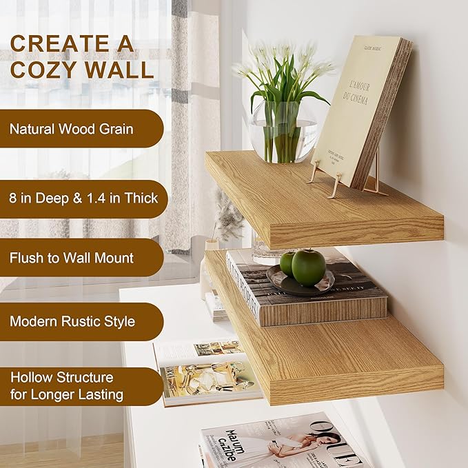 Floating Shelves for Wall, 8 Inch Deep Floating Shelves, 24"W x 8"D Wall Shelves Set of 2, Rustic Wood Floating Shelf for Home Decor, Deep Storage Shelves for Kitchen, Bedroom, Living Room