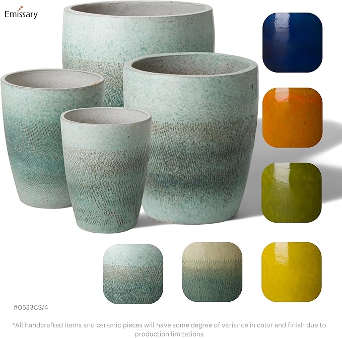Emissary Home and Garden Bullet 12in., 14in., 15.5in., 21in. H Coastal Splash Ceramic Round Planters with Drainage Hole (Set of 4)