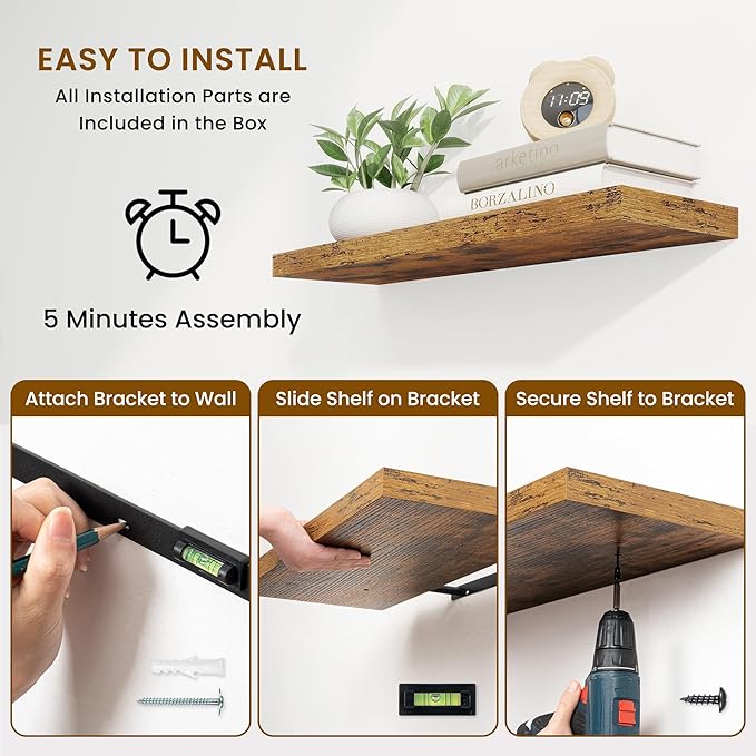 Fun Memories 40" Rustic Wood Floating Shelves with Invisible Brackets for Storage & Decor, Deep Wall Mounted Shelves for Bathroom, Kitchen, Living Room (Brown,Set of 2)