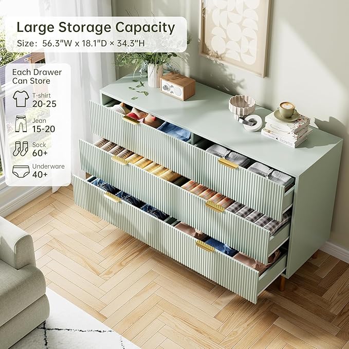 GAOMON 6 Drawer Dresser, Wood Chest of Drawers Organizer Storage with Gold Handle, Large Storage Cabinet, Modern Design Dresser for Bedroom, Living Room, Closet, Hallway, Entryway, Green