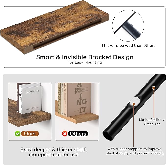 Floating Shelves - 2 Pack 9 Inch Rustic Wooden Wall Shelves - Extra Deeper & Thicker Wall Mounted Storage Shelf for Living Room, Kitchen, Farmhouse - 24" W x 9" D x 1.6" H - Rustic Brown