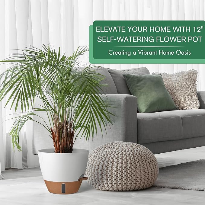 montresor 12/10/8 Inch Self Watering Pots for Indoor Plants Plastic Large Pot for Outdoor Plants, Water Level Window & Spacious Reservoir Flower Pots Decorative Planter with Drainage and Tray (White)