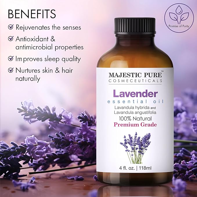 Majestic Pure Lavender Essential Oil with Glass Dropper - 4 Fl Oz Pack of 2-100% Pure and Natural Lavender Oil - Premium Grade Essential Oils for Diffuser, Aromatherapy, Soap and Candle Making