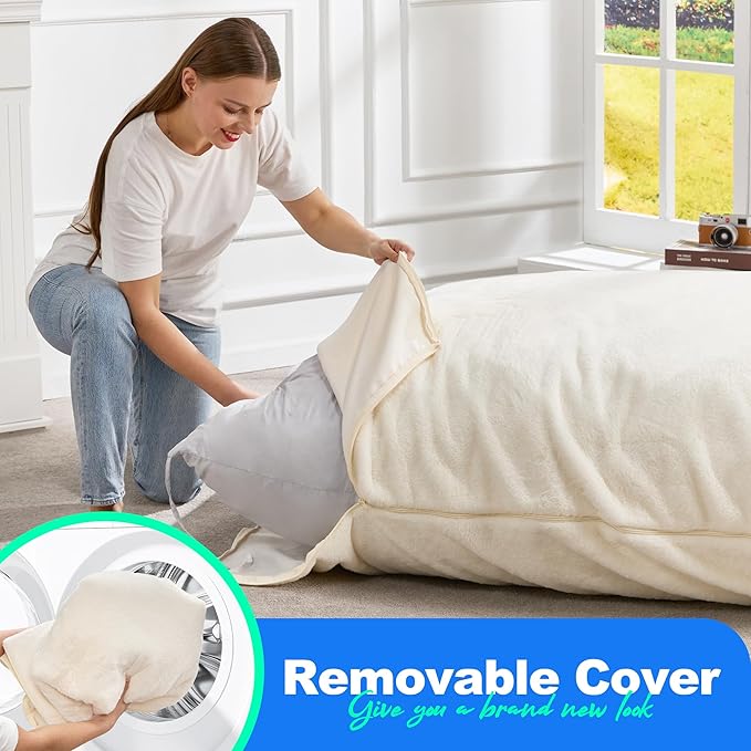 Hobestluk 3 in 1 Bean Bag Chair Giant Bean Bag Chairs for Adults with Plush Faux Fur Cover Convertible Bean Bag Floor Cushion with Machine Washable Cover for Living Room (Plush White)