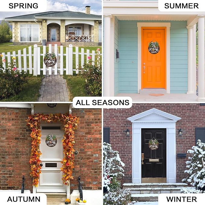 Interchangeable Seasonal Welcome Sign for Front Door, Rustic Round Wood Wreath Wall Hanging Decorations, for Spring Summer Fall Winter All Holiday Halloween Christmas Farmhouse Outdoor Home Decor