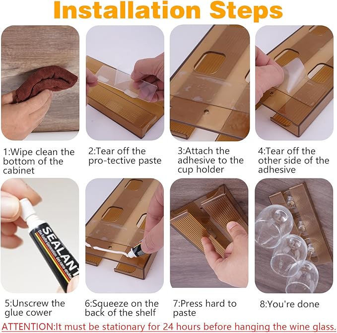 4 Pcs Wine Glass Holder Under Cabinet,Plastic Stemware Rack Punch-free Hanger Under Counter for Bar,Kitchen and Restaurant(Brown)