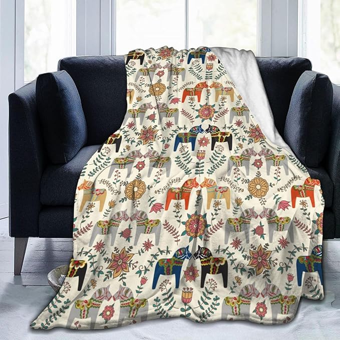 Swedish Dala Horses Throw Blanket Soft Fleece Blanket Men Women Gift for Kids Boys Girls for Party Couch Sofa Bed Deco Blankets 50x40