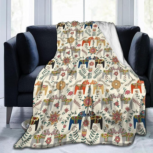Swedish Dala Horses Throw Blanket Soft Fleece Blanket Men Women Gift for Kids Boys Girls for Party Couch Sofa Bed Deco Blankets 60x50 Inches