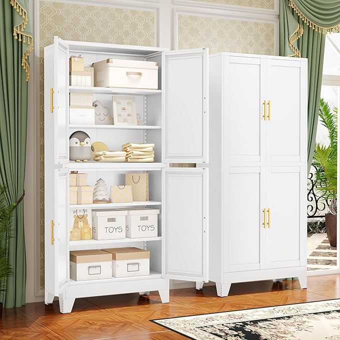 75.2" Tall Metal Pantry Cabinet, Kitchen Pantry Storage Cabinets with 4 Door and 4 Adjustable Shelves, White Storage Cabinet, Freestanding Cupboard for Kitchen Dining Room Living Room Bathroom