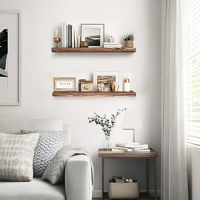 Floating Wall Shelves 2-Pack - Rustic Brown 16-inch Wooden Wall Shelves for Storage and Décor, Multi-Functional and Easy to Install for Living Room, Bedroom, and Kitchen