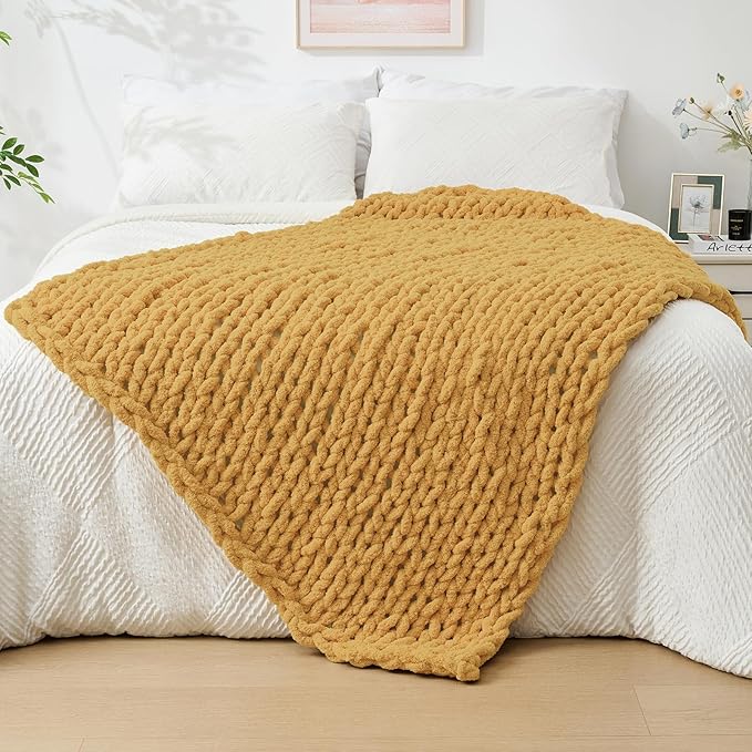 Bigacogo Chunky Knit Throw Blanket for Couch, 40x60 inches, 100% Hand Knitted with Thick Jumbo Chenille Yarn, Cozy Soft Large Rope Knot Cable Crochet Blankets for Sofa Bed Living Room, Mustard Yellow
