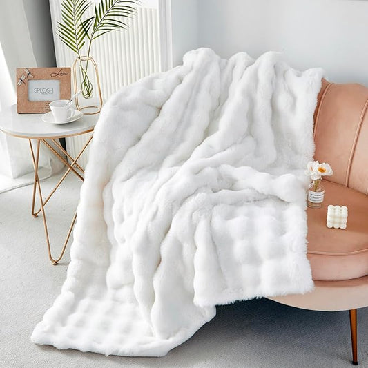 RYNGHIPY Faux Fur Throw Blanket Double Sided Thick and Warm Plush Fluffy Faux Rabbit Fur Decoration for Couch Sofa Chair and Bed Cream Winter Blanket (Ivory, 63''x79'')