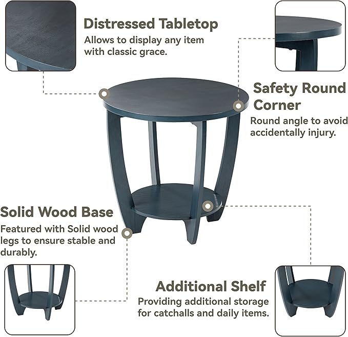 Rustic Farmhouse End Table with Storage Shelf, French Country Accent Side for Family, Dinning or Living Room, Small Spaces, Modern, Round, Vintage Blue Finish, Curved Leg