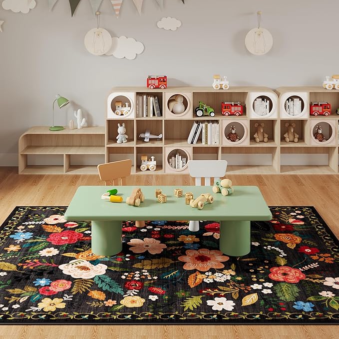 Living Room Rug 6x9 Rug Machine Washable Boho Area Rug Non Slip Floral Vintage Low Pile Large Rug for Living Room, Bedroom, Farmhouse, Dining Room, Kids Playroom(Black)