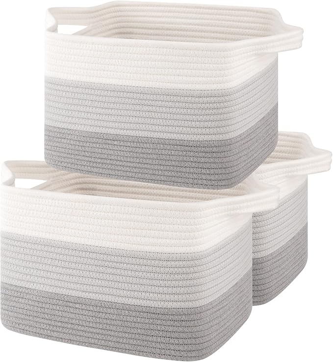 Storage Baskets for Organizing, Woven Baskets for Shelves, Rectangle Decorative Organizer for Storage Clothes, Toy, Books, Towels Nursery Bins 3 Pack (Gradient Grey)