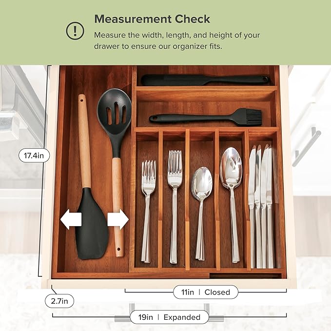 Premium Silverware, Flatware and Utensil Organizer for Kitchen Drawers, Food-Safe Contract Grade, Expandable from 10.5 to 19 In, Natural Acacia