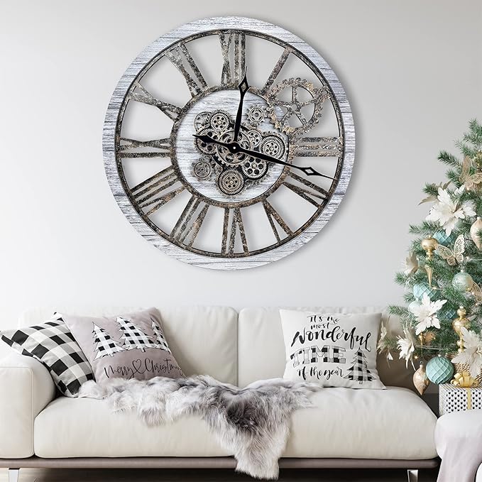 The B-Style Large Real Moving Gears Wall Clock 30 inch Rustic Retro Industrial Farmhouse Wood Clock Oversized Decorative Vintage Wall Clocks for Living Room (Gray White, 30 Inch/76CM)
